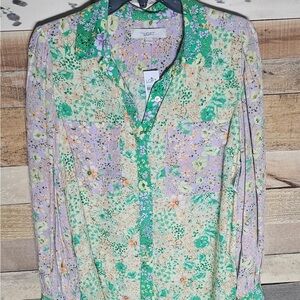LOFT Green and Purple Floral Shirt